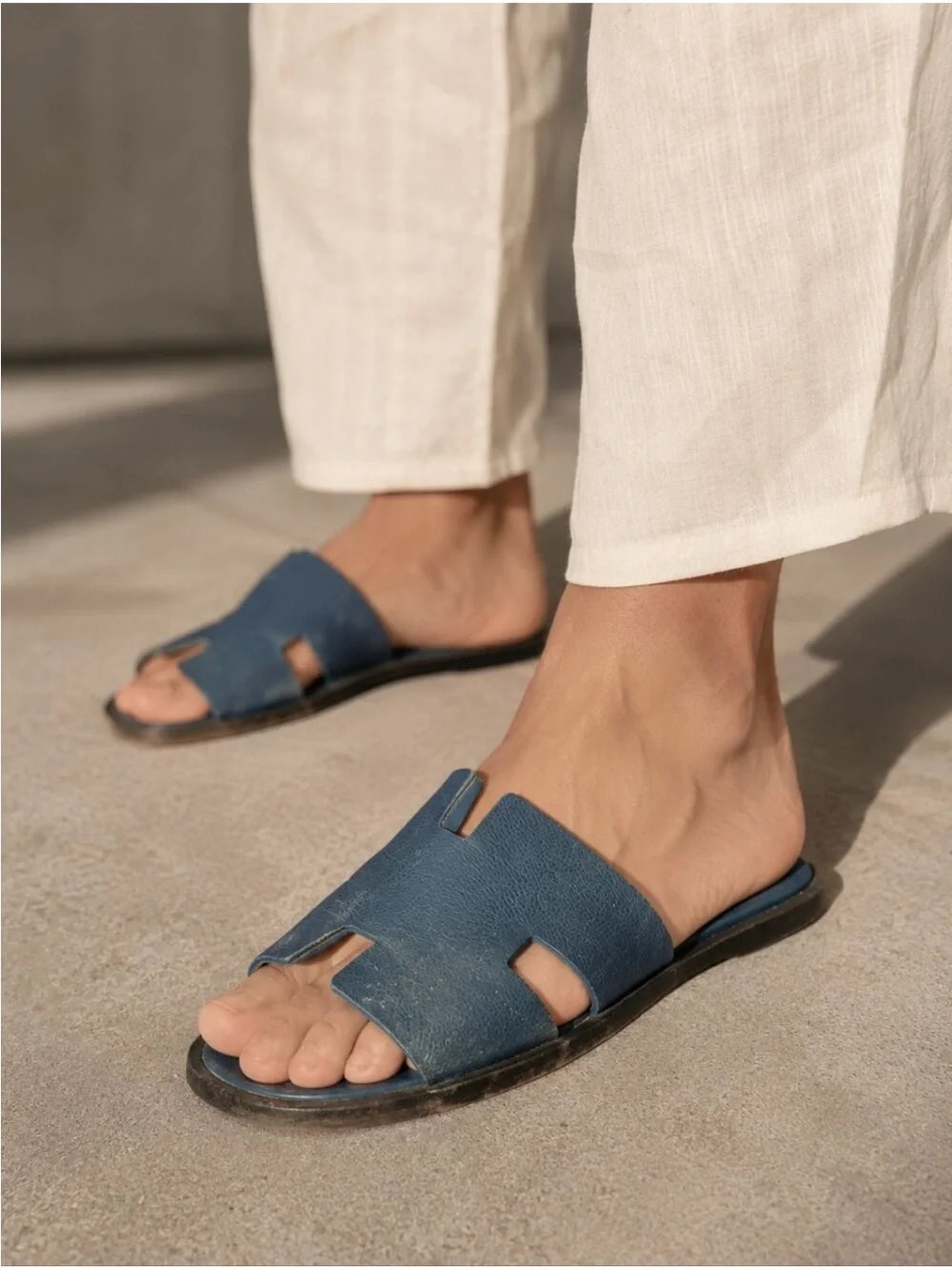 Men's Hermes Leather Slide Sandals - Blue